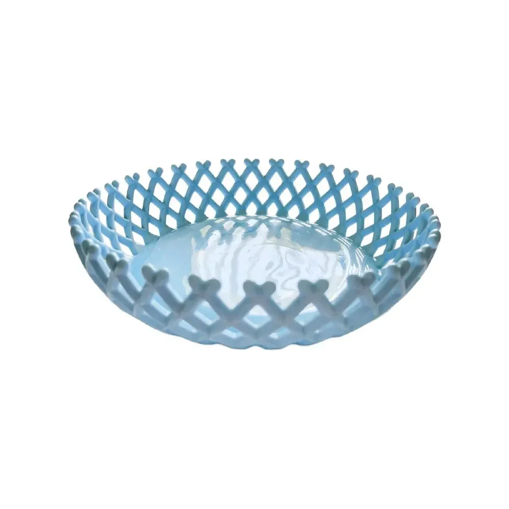 Vintage Blue Slag Glass Basket Weave Fruit Bowl, 1930s, 9